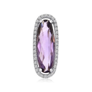 14K White Gold Elongated 12x6 mm Oval Amethyst and Diamond Semi Precious Fashion