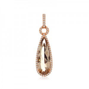 14K Rose Gold 20x7 mm Pear Shape Morganite and AA Diamond Long Fashion Pendant