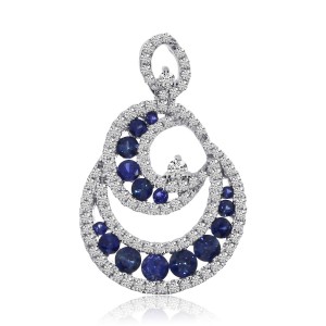14K White Gold Sapphire and Diamond Swirl Precious Fashion Pendant