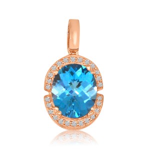 14K Rose Gold 12x10 mm Oval Blue Topaz and Diamond Semi Precious Fashion Pendant