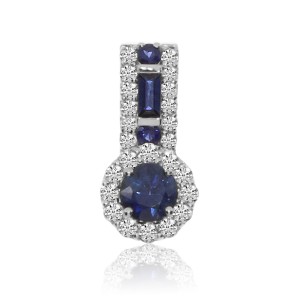 14K White Gold Round and Princess Sapphires Diamond Halo Precious Fashion Pendan