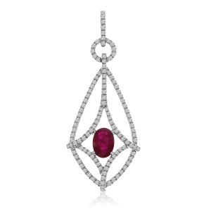 14K White Gold Oval Ruby and Diamond Long Precious Fashion Pendant