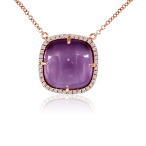 14K Rose Gold 12mm Cabochon Cushion Amethyst and Diamond Fashion Necklace
