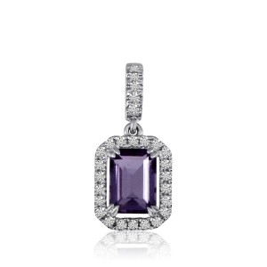 14K White Gold Octagon Amethyst and Diamond Semi Precious Drop Pendant