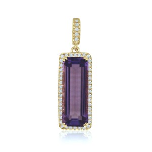 14K Yellow Gold Long Octagon Amethyst and Diamond Semi Precious Pendant