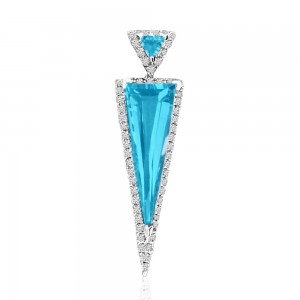 14K White Gold Double Triangle Semi Precious Blue Topaz and Diamond Fashion Pend