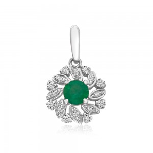 14K White Gold Round Emerald and Diamond Precious Floral Pendant