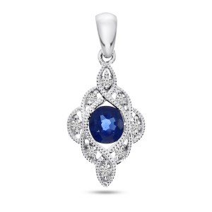 14K White Gold Round Sapphire and Diamond Precious Pendant