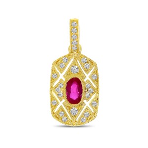 14K Yellow Gold Art Deco Precious Ruby and Diamond Rectangular Pendant