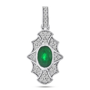 14K White Gold Oval Emerald and Diamond Art Deco Precious Pendant