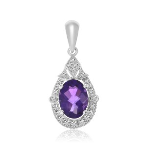 14K White Gold Oval Amethyst and Diamond Semi Precious Pendant