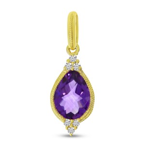 14K Yellow Gold Pear Amethyst and diamond Semi Precious Pendant