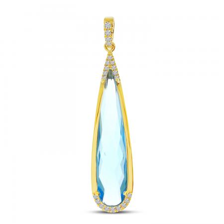 14K Yellow Gold Elongated Pear Blue Topaz with Diamond Semi Precious Pendant