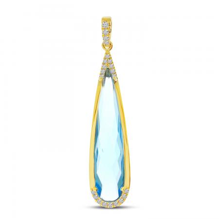 14K Yellow Gold Elongated Pear Blue Topaz and Diamond Semi Precious Fashion Pend