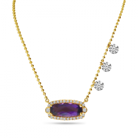 14K Yellow Gold Dashing Diamonds Oval Amethyst Semi Precious Necklace