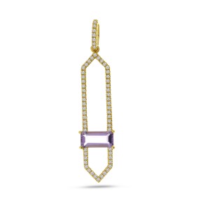 14K Yellow Gold Emerald Cut Amethyst North South Diamond Fashion Pendant