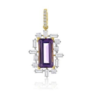 14K Yellow Gold Emerald Cut Amethyst with Princess and Baguette Diamond Halo Sem