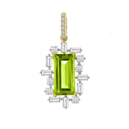 14K Yellow Gold Peridot  Emerald Cut and Baguette Diamond Pendant