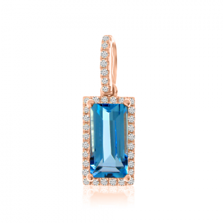 14K Rose Gold Emerald-Cut Blue Topaz and Diamond Petite Semi Precious Pendant