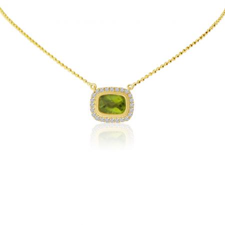 14K Yellow Gold Cushion Peridot with Diamonds Semi Precious Necklace