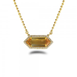 14K Yellow Gold Hexagon Citrine and Diamond Semi Precious 18 inch Bead Chain Necklace