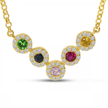14K Yellow Gold Diamond Halo Rainbow Sapphire V Necklace