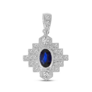 14K White Gold Precious Oval Sapphire and Diamond Art Deco Pendant