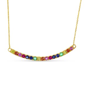 14K Yellow Gold Genuine Rainbow Sapphire Bar 18 inch Necklace