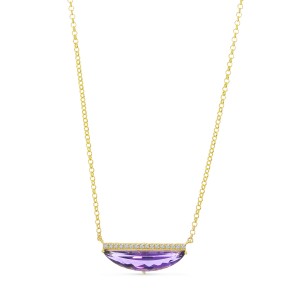 14K Yellow Gold Half Moon Amethyst and Diamond Semi Precious Bar Necklace