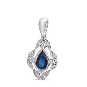 14K White Gold Pear Sapphire and Diamond Millgrain Precious Pendant