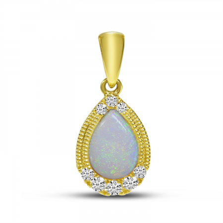 14K Yellow Gold Pear Opal with Diamond Millgrain Pendant