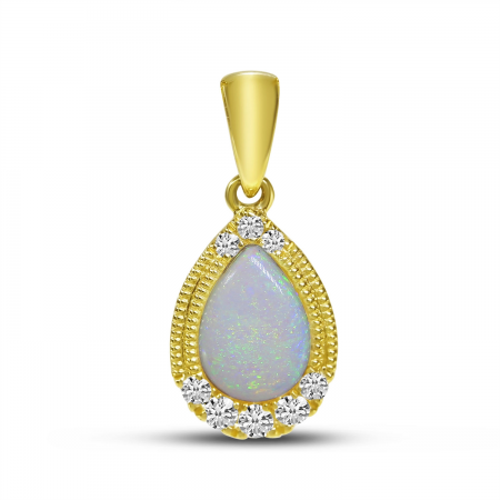 14K Yellow Gold Pear Cut Opal and Diamond Pendant