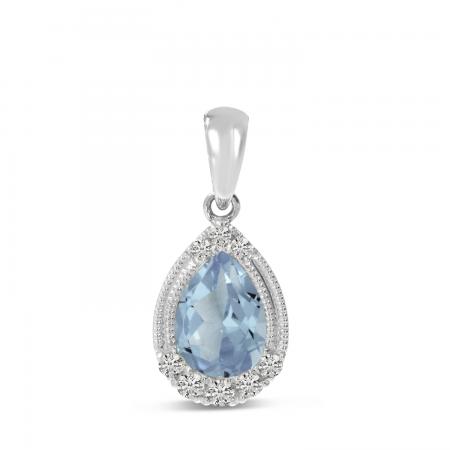 14K White Gold Pear Aquamarine and Diamond Pendant