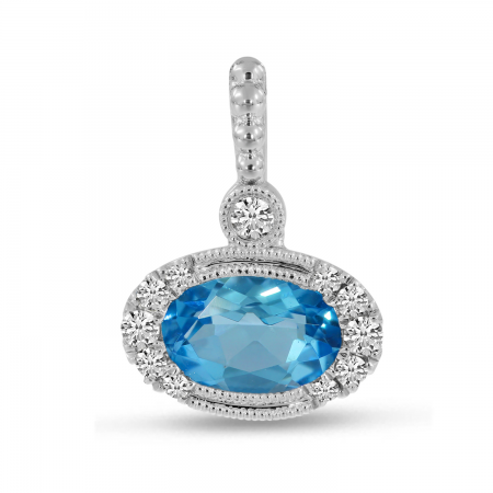 14K White Gold Oval Blue Topaz and Diamond Beaded Pendant