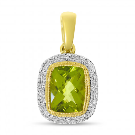 14K Yellow Gold Cushion Peridot and Diamond Halo Semi Precious Pendant