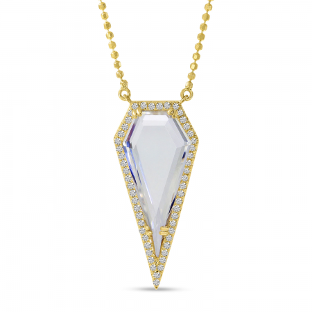 14K Yellow Gold Diamond Shape White Topaz and diamond Necklace