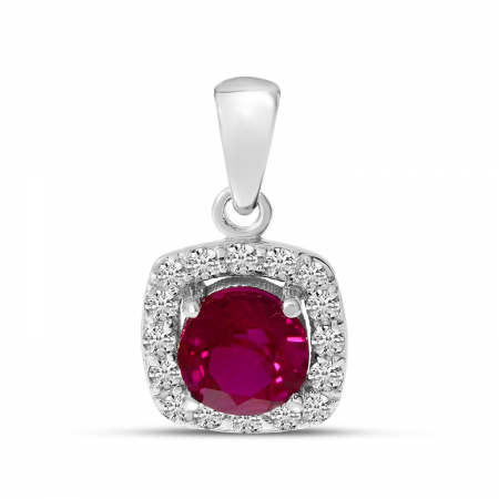 14K White Gold Diamond Halo Ruby Square Pendant