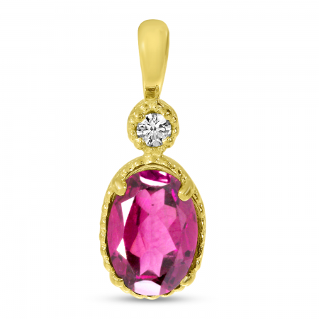 14K Yellow Gold Oval Pink Tourmaline Millgrain Birthstone Pendant