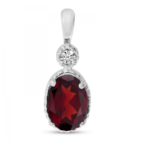 14K White Gold Oval Garnet Millgrain Birthstone Pendant