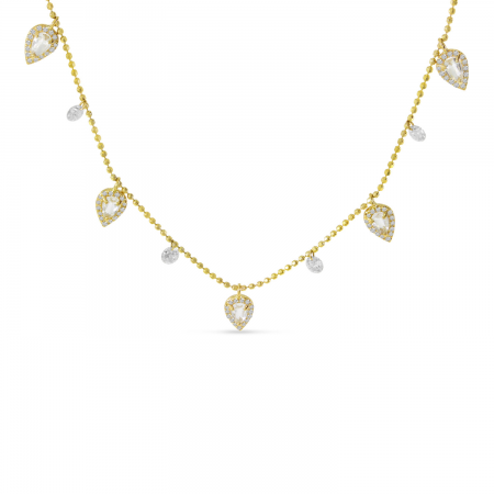 14K Yellow Gold Dashing Diamond Five Station Dangle Pear White Topaz Necklace