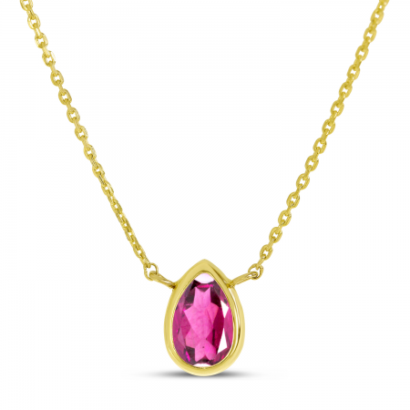 14K Yellow Gold Pear Pink Tourmaline Birthstone Necklace