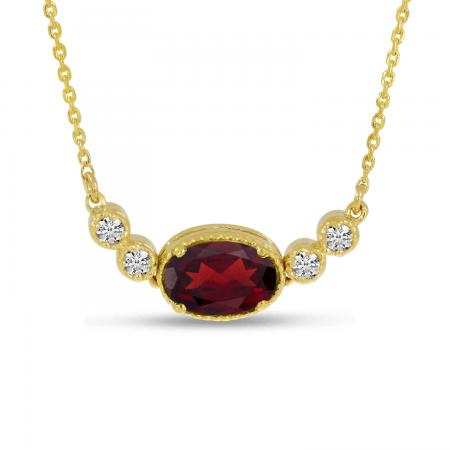 14K Yellow Gold Oval Garnet Birthstone Millgrain Necklace