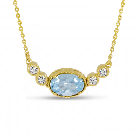 14K Yellow Gold Oval Aquamarine Birthstone Millgrain Necklace