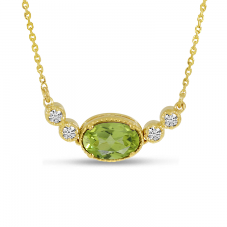 14K Yellow Gold Oval Peridot Birthstone Millgrain Necklace