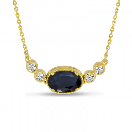 14K Yellow Gold Oval Sapphire Birthstone Millgrain Necklace