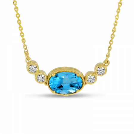 14K Yellow Gold Oval Blue Topaz Birthstone Millgrain Necklace