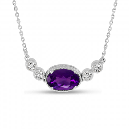 14K White Gold Oval Amethyst Birthstone Millgrain Necklace