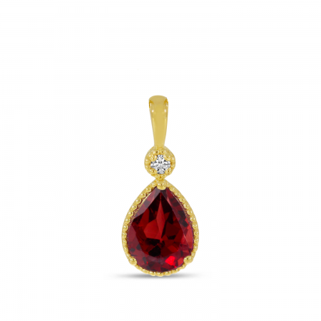 14K Yellow Gold Pear Cut Garnet With Diamond Pendant