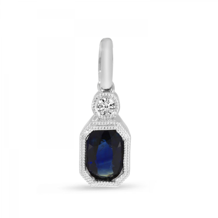 14K White Gold Sapphire Precious Millgrain Hexagon Pendant