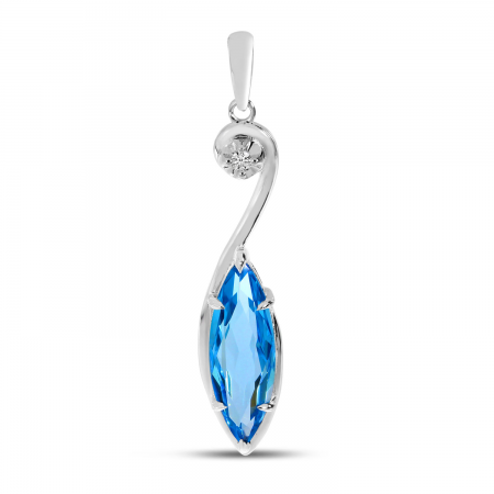 14K White Gold Marquise Blue Topaz and Diamond Swirl Semi Precious Pendant